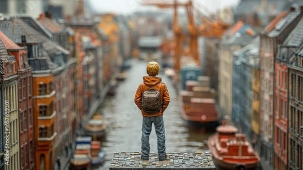 Fototapeta Boy with backpack standing on a model building near water canal