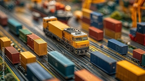 Fototapeta Model train navigating through colorful cargo containers in a yard