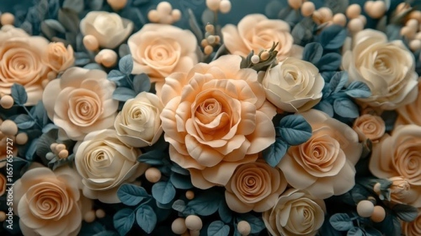 Fototapeta Elegant arrangement of peach roses and greenery in soft light