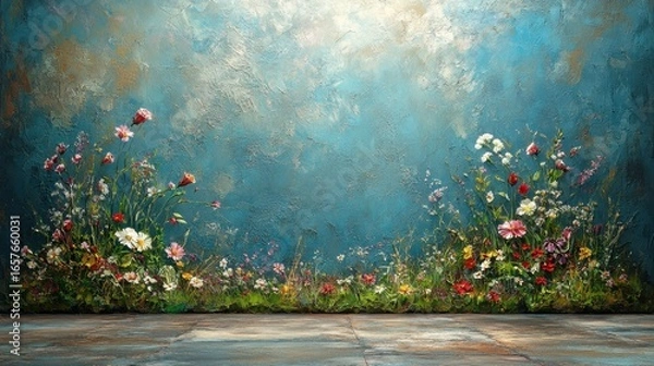 Fototapeta Colorful Floral Landscape with Textured Background and Blue Sky