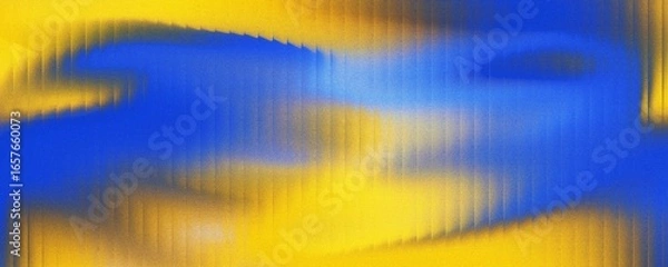 Fototapeta Abstract background of glowing blue yellow waves with stripes effect in the dark. Refraction of wavy striped glass.