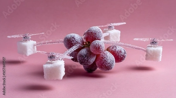 Fototapeta Grapes and sugar cubes form a whimsical drone on pink backdrop for food concepts