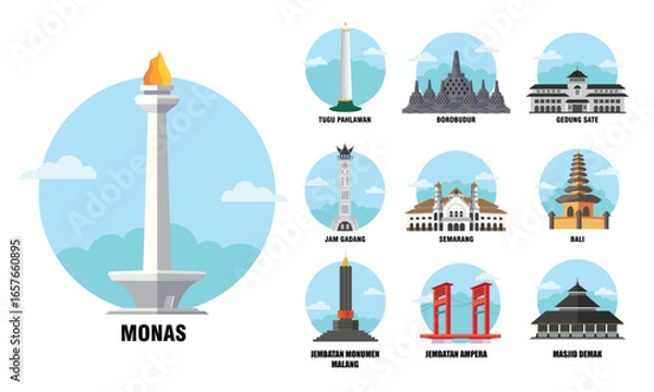 Obraz Indonesia landmarks vector graphic illustration set