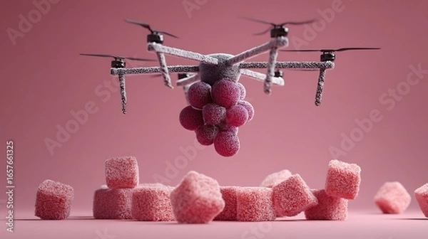 Fototapeta Whimsical 3d render of a drone carrying grapes above sugar cubes on a pink backdrop for creative projects