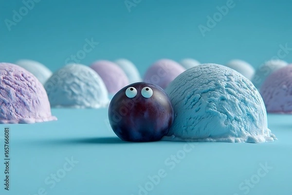 Fototapeta Whimsical plum with googly eyes amidst pastel ice cream scoops on a blue background
