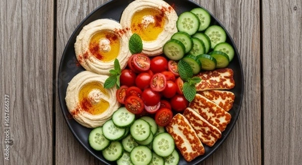 Fototapeta Overhead shot of a delicious Mediterranean meze platter featuring creamy hummus, grilled halloumi cheese, juicy cherry tomatoes, and fresh cucumber slices.  Perfect for appetizer, snack, or light