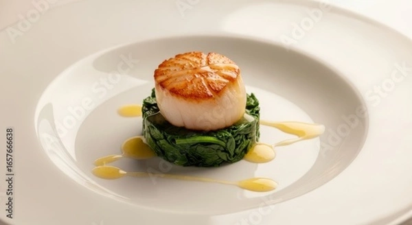 Fototapeta Close-up of a seared scallop served on a bed of wilted spinach, drizzled with a light sauce.  Elegant food plating on a white plate. Perfect for culinary websites and food blogs.