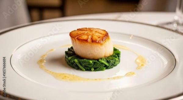 Fototapeta Close-up of a seared scallop served on a bed of sautéed spinach, drizzled with a light sauce.  The elegant presentation is perfect for culinary websites or restaurant menus.
