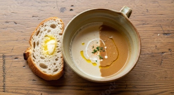 Fototapeta Creamy dual-toned mushroom soup served in a rustic bowl with a side of crusty bread and melted butter. Perfect for a cozy autumn meal.  Gourmet food photography.