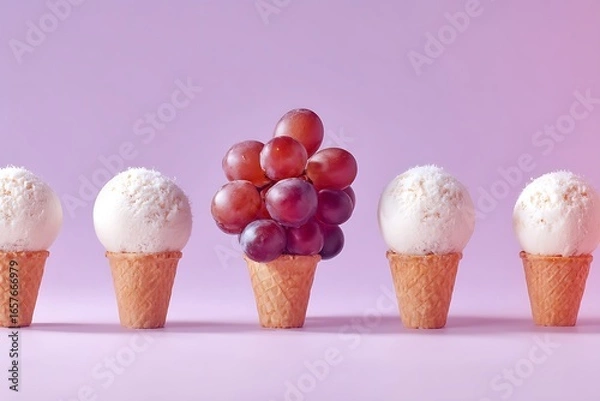 Fototapeta Ice cream cones and grapes on a purple background offer a refreshing summer treat and a healthy alternative