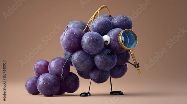 Fototapeta Grape character with magnifying glass a whimsical fruit detective illustration for healthy eating and nutrition concepts