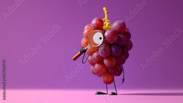Fototapeta Bunch of grapes character holding a magnifying glass in a conceptual and playful still life against a purple background