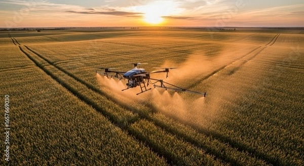 Fototapeta Drone spraying crops at sunset.  Agricultural technology and precision farming in action.  Modern farming techniques using UAVs for efficient crop treatment.