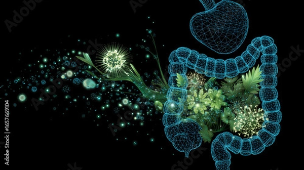 Fototapeta X-ray illustration of a digestive tract with geometric particles transforming into bio-luminescent flora.