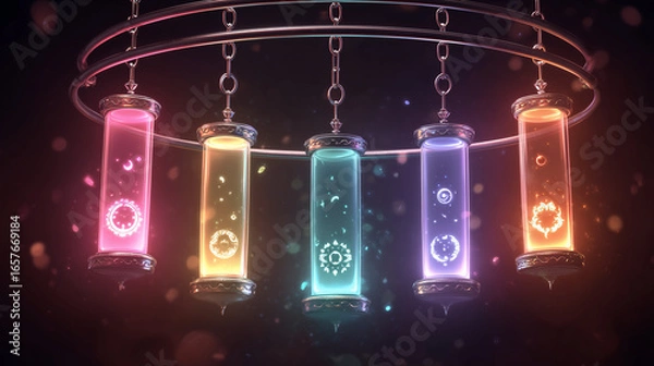 Fototapeta Five glowing hourglasses in a circle, each filled with unique vitality symbols.