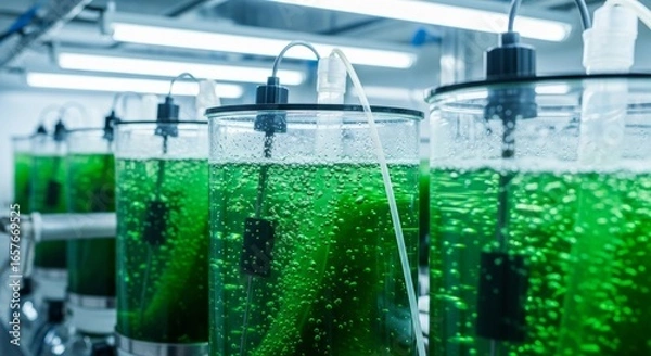 Fototapeta Close-up view of several cylindrical glass containers filled with vibrant green microalgae, undergoing cultivation in a modern laboratory setting.  The image showcases the process of microalgae