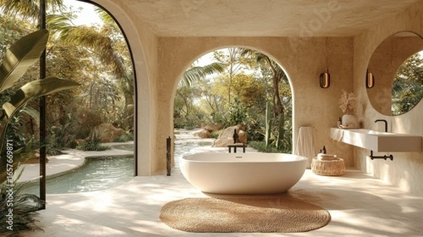 Fototapeta Serene Modern Bathroom Design with Natural Elements and Views