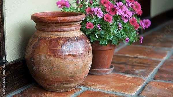 Fototapeta Rustic Clay Pot with Colorful Flowers on Terracotta Tiled Floor