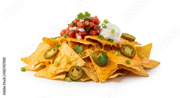 Fototapeta Delicious Nachos with Melted Cheese, Salsa, Sour Cream, and Jalapenos, Isolated transparent background