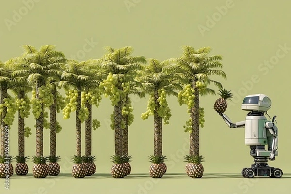 Fototapeta Robot harvesting pineapples and grapes from tropical palm trees a futuristic agriculture concept for innovative farming solutions
