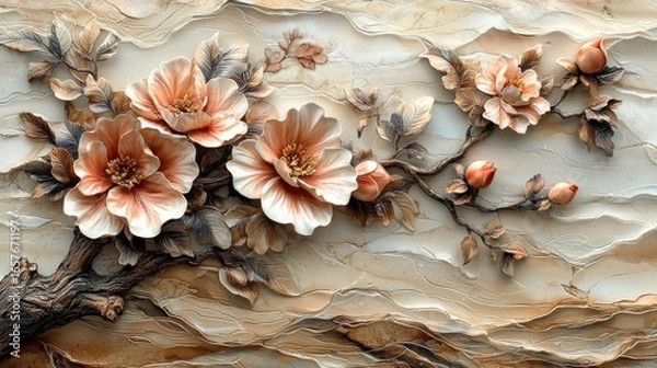 Fototapeta Elegant Floral Relief Artwork Featuring Peach Flowers and Branches