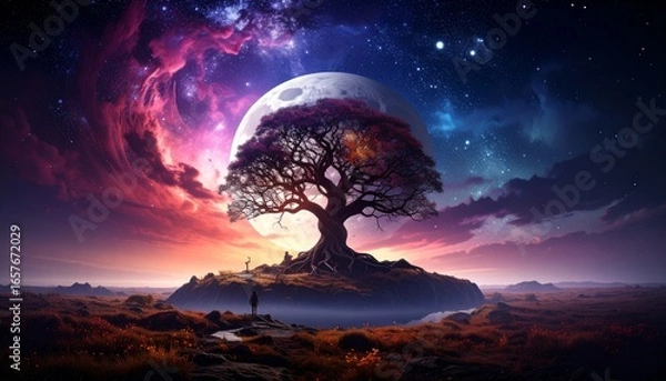 Obraz Majestic fantasy tree glowing beneath giant moon and colorful galaxy sky.