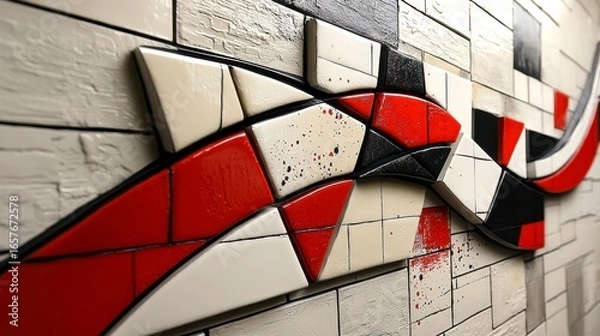 Fototapeta Abstract Wall Art with Geometric Shapes in Red, Black, and White