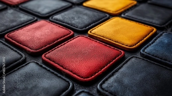 Fototapeta Colorful Leather Squares Textures on a Black Background Surface