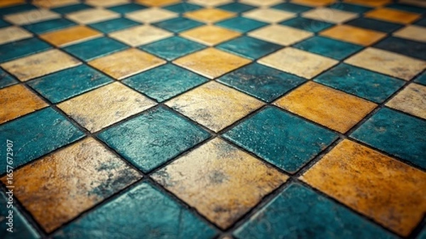 Fototapeta Colorful Vintage Tile Floor with Geometric Pattern and Textures