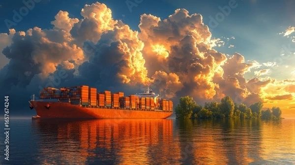 Fototapeta Container Ship Navigating Calm Waters Under Dramatic Cloudscape