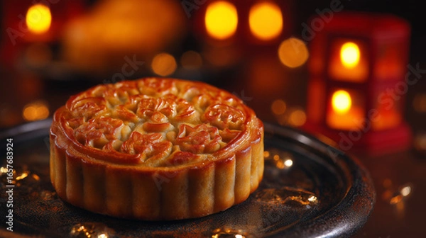 Fototapeta A glowing golden mooncake with intricate floral patterns, placed on a dark lacquered tray with soft candlelight.