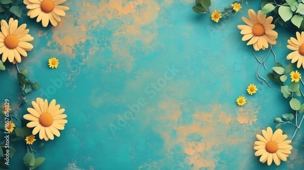 Fototapeta Floral Arrangement with Yellow Daisies and Green Leaves on a Teal Background
