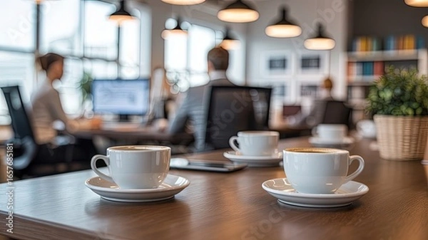 Fototapeta Workplace Coffee Break: A vibrant workspace captures the essence of a productive environment, coffee cups adorn a wooden table, signifying moments of pause, fostering collaboration and innovation.
