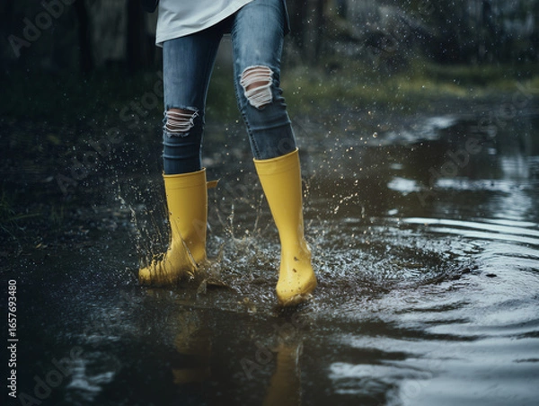Fototapeta a young person relax wearing yellow rain boots splashing in a puddle