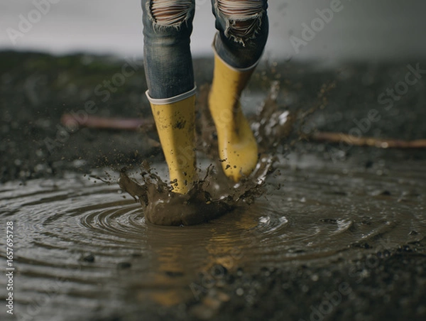 Fototapeta a young person relax wearing yellow rain boots splashing in a puddle