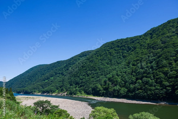 Obraz 川幅を狭めた渇水の最上峡