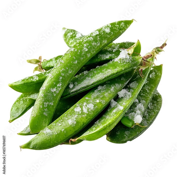 Obraz A pile of fresh green snow peas with white specks against a plain backdrop isolated on transparent background