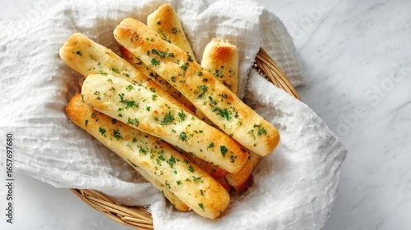 Fototapeta garlic breadsticks in a rustic wicker basket on a white tablecloth, symbolizing comfort and the simple pleasure of a warm, classic side dish