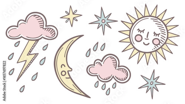 Fototapeta Pastel weather elements with sun moon and clouds stars