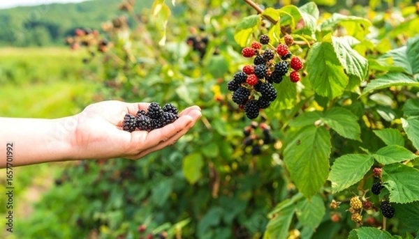 Fototapeta A person's hand holding a handful of freshly picked blackberries from a thriving bush in a field.