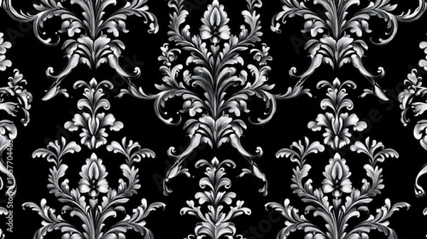Obraz Elegant silver damask pattern on black background.