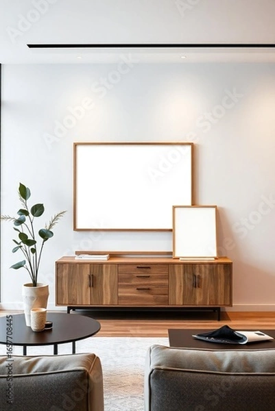 Fototapeta Modern living room with wooden credenza and blank picture frames