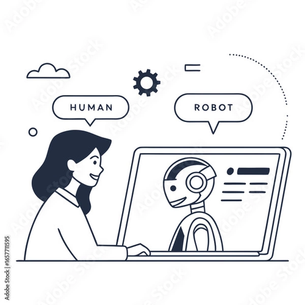 Fototapeta Human interacting with ai robot on laptop artificial intelligence