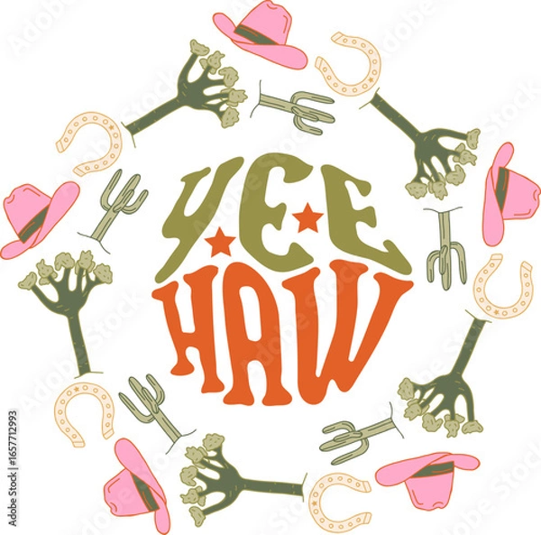 Fototapeta Hand drawn lettering phrase YEE-HAW with Western frame. Vector retro style poster template.