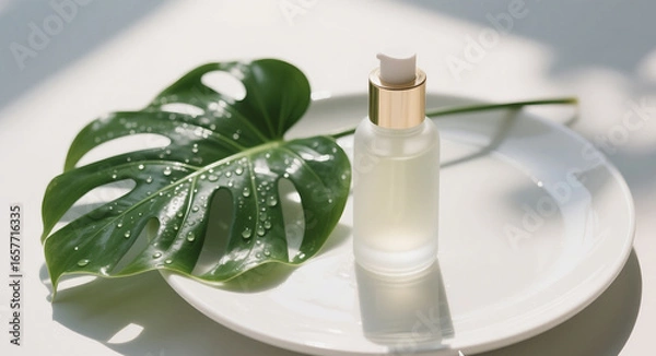 Obraz Minimalist Skincare Serum Bottle with Monstera Leaf and Water Droplets