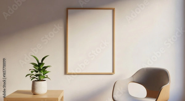 Obraz Minimalist living room decor featuring a wooden frame mock-up, a chair, and a small plant, Cozy interior scene with a blank picture frame for showcasing artwork or photography