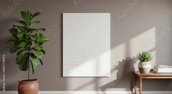 Obraz Interior mockup with fiddle-leaf fig, blank canvas, and succulent on a side table, Modern home interior decor with blank canvas and plants against a neutral wall