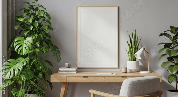 Obraz Modern Workspace with Monstera Plant and Blank Frame, Minimalist Home Office Interior Design with Wooden Desk and Sansevieria Plant Decor