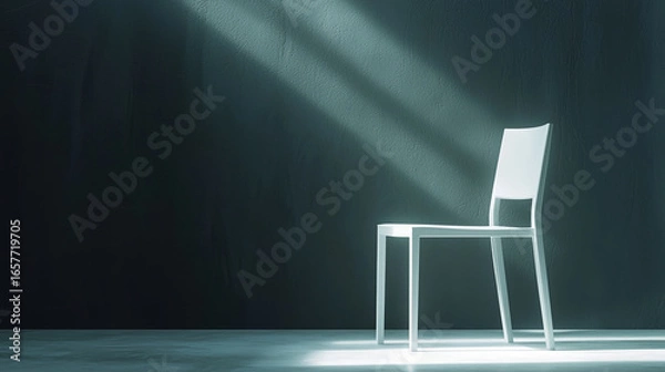 Fototapeta A white chair set against a dark, moody background with deep shadows and subtle gradients. Minimal, directional lighting creates a dramatic and atmospheric effect. 