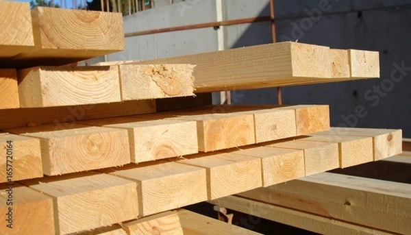 Obraz Stacked wooden beams in a construction yard.